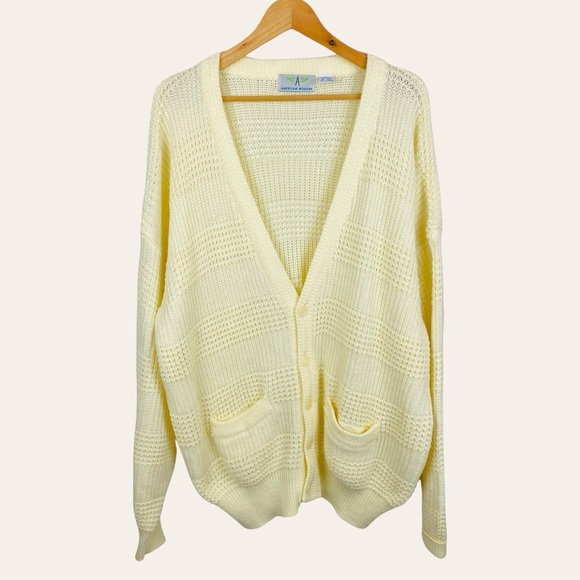 Vintage Sweaters - Vintage Ivory Slouchy V Neck Chunky Knit Oversized Grandpa Cardigan Sweater XL